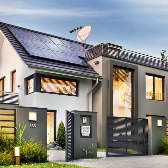 Beautiful modern house with garden and solar panels on the gable roof
